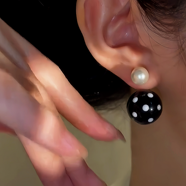 14K Gold-Plated Black And White Polka Dot Pearl Earrings