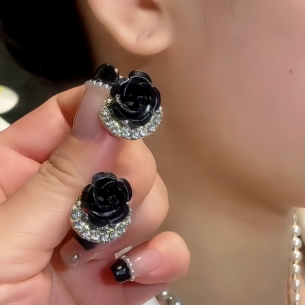 14K Gold-Plated Black Rose Stud Earrings