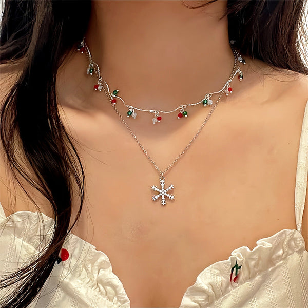 14K Gold-Plated Christmas Colorful Double-Layer Snowflake Necklace