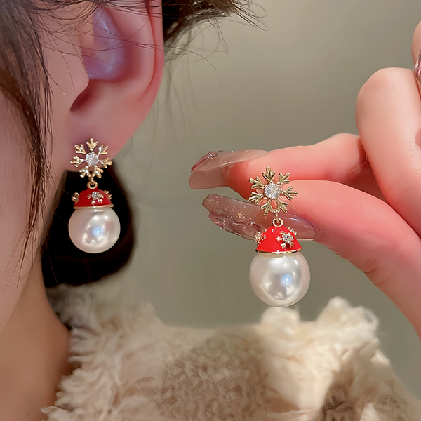 14K Gold-Plated Christmas Zircon Snowflake Hat Imitation Pearl Earrings