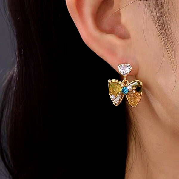 14K Gold-Plated Colorful Crystal Pearl Bow Earrings