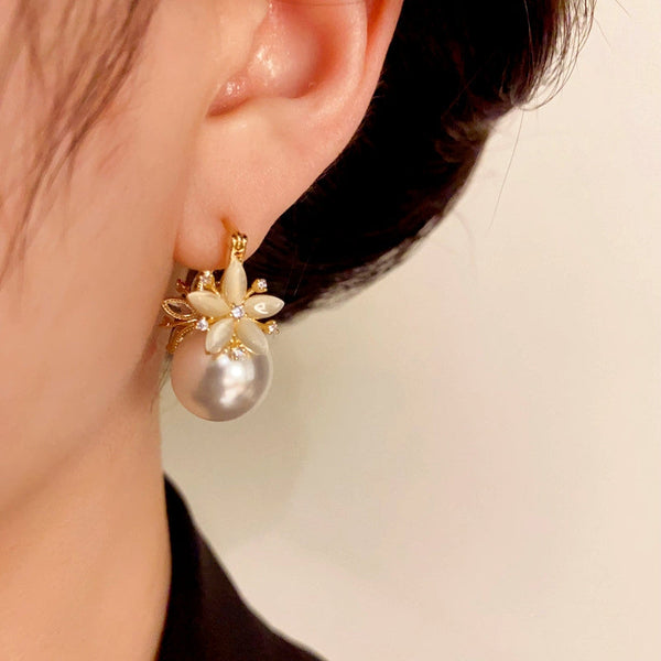 14K Gold-Plated Diamond-Studded Flower Pearl Earrings