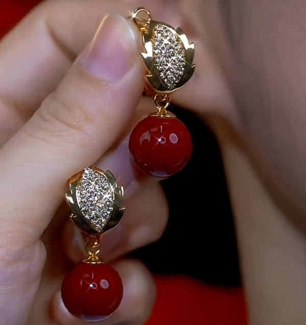 14K Gold-Plated Diamond Leaf Red Pearl Earrings