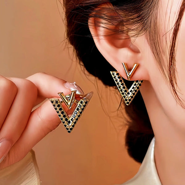 14K Gold-Plated Elegant Diamond V Letter Earrings