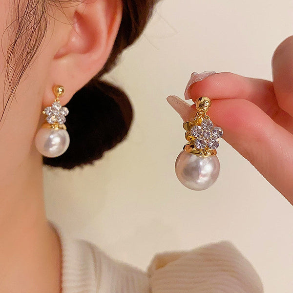 14K Gold-Plated Elegant Double-Sided Flower Pearl Earrings