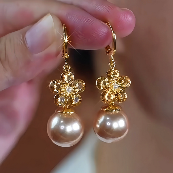 14K Gold-Plated Elegant Flower Champagne Pearl Earrings