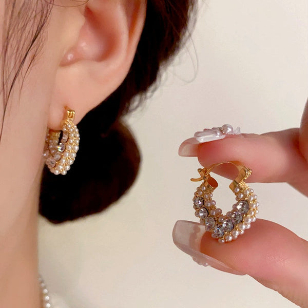 14K Gold-Plated Elegant Heart-Shaped Diamond-Studded Pearl Earrings