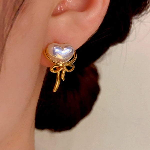 14K Gold-Plated Elegant Heart Pearl Bow Earrings