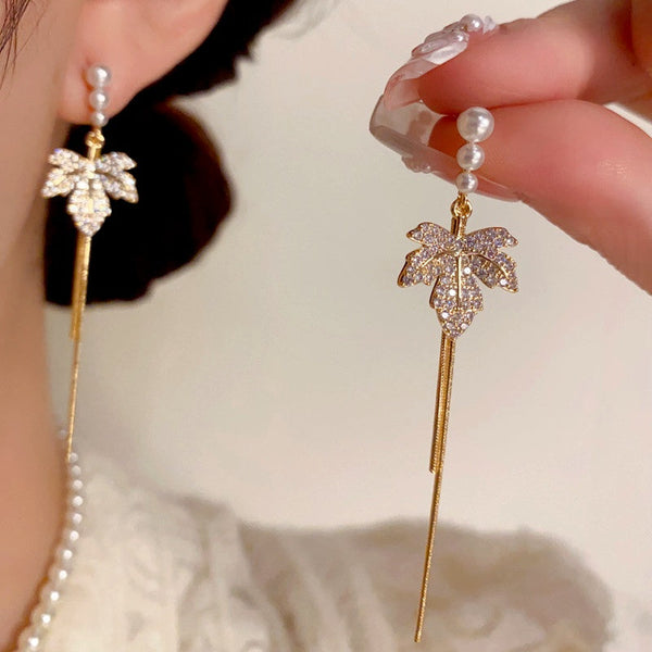 14K Gold-Plated Elegant Maple Leaf Pearl Tassel Earrings