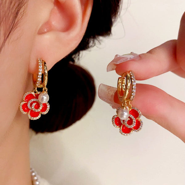 14K Gold-Plated Elegant Red Oil Drop Flower Pearl Earrings