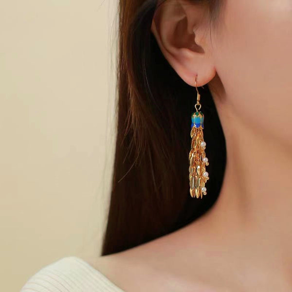 14K Gold-Plated Elegant Wheat Ear Pearl  Tassel Earrings