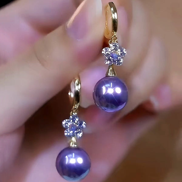 14K Gold-Plated Elegant Zircon Flower Purple Pearl Earrings