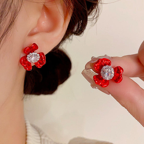 14K Gold-Plated Elegant Zircon Painted Flower Stud Earrings