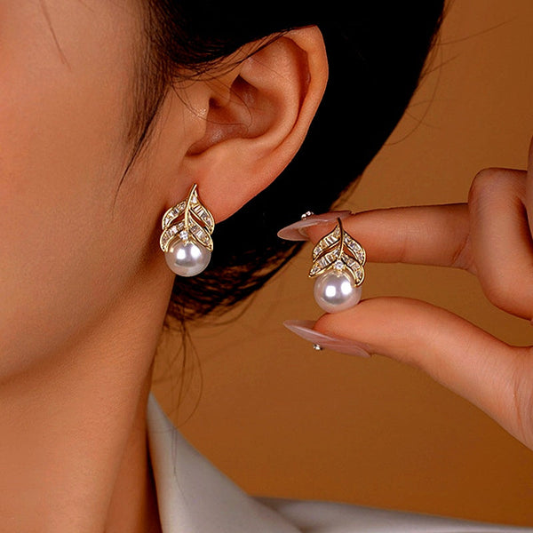 14K Gold-Plated Elegant Zircon Pearl Leaf Earrings