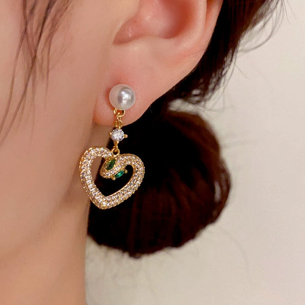 14K Gold-Plated Elegant Zircon Snake-Heart Pearl Earrings