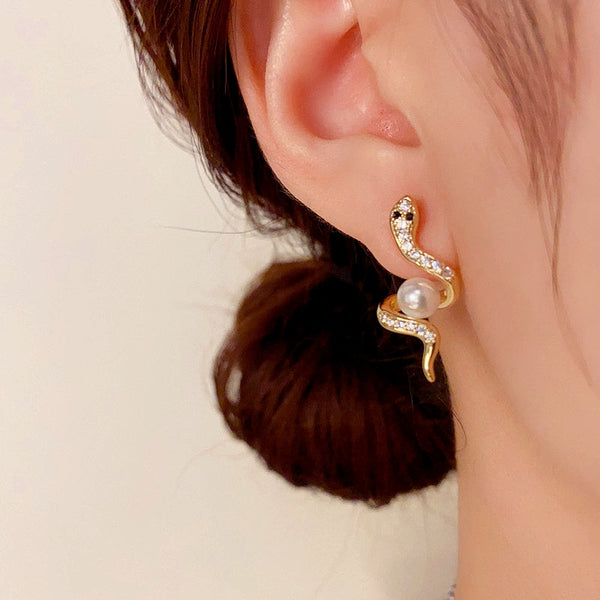 14K Gold-Plated Elegant Zircon Snake-Shaped Pearl Earrings