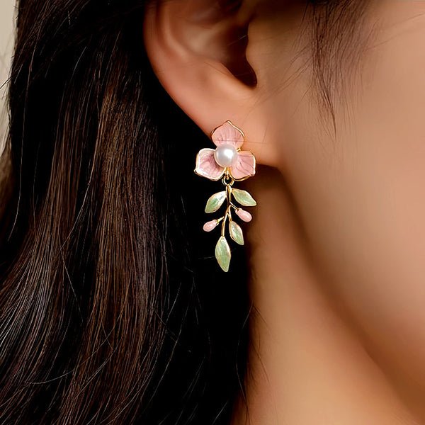 18K Gold-Plated Enamel Oil-Drop Flower Pearl Earrings