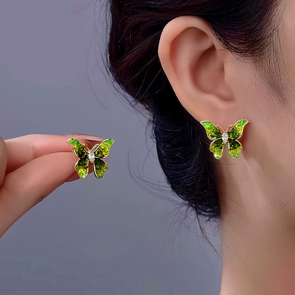 14K Gold-Plated Green Crystal Butterfly Stud Earrings