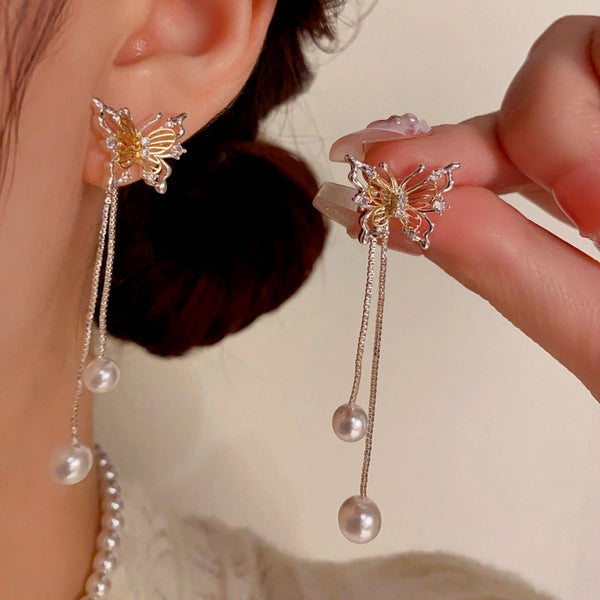 14K Gold-Plated Hollow Butterfly Pearl Tassel Earrings