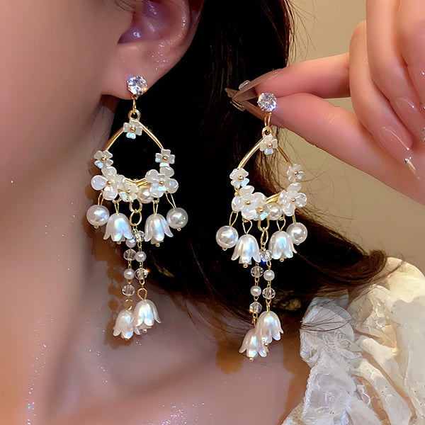 14K Gold-Plated Lily Of The Valley Pearl Tassel Earrings