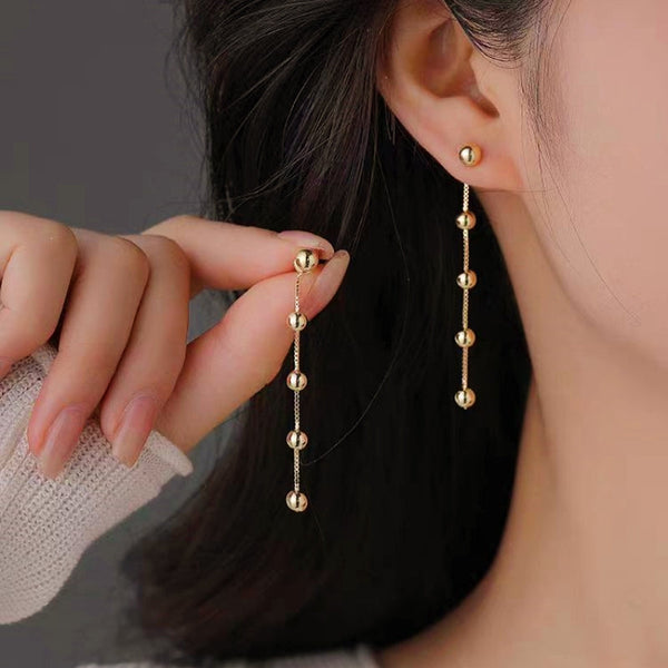 14K Gold-Plated Long Round Bead Earrings