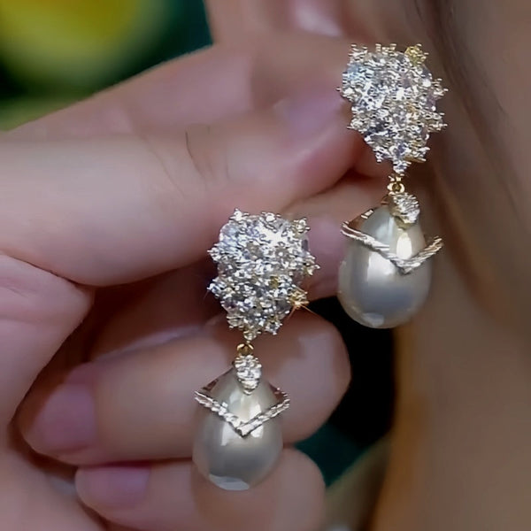 14K Gold-Plated Luxury Champagne Pearl Zircon Earrings