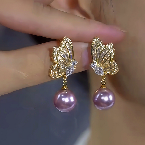 14K Gold-Plated Luxury Diamond Butterfly Purple Pearl Earrings