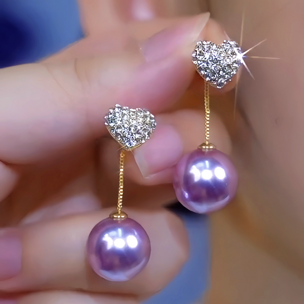 14K Gold-Plated Luxury Purple Pearl Diamond Heart Earrings