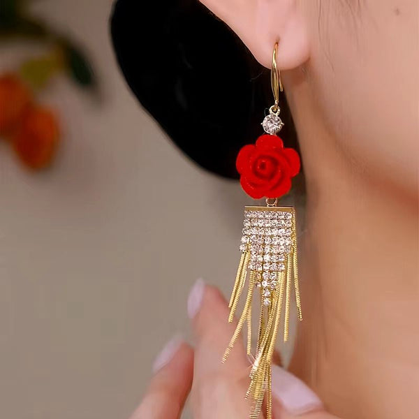 14K Gold-Plated Luxury Red Rose Diamond Tassel Ear Hook Earrings