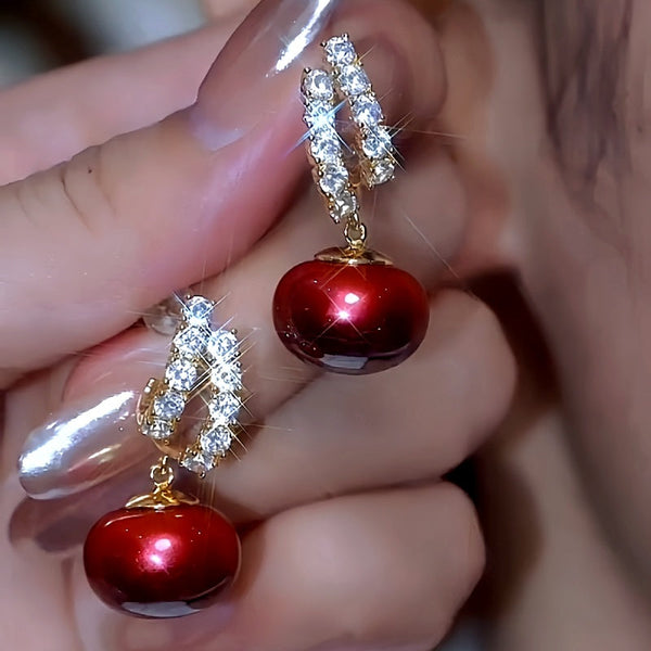 14K Gold-Plated Luxury Sparkling Red Pearl Earrings