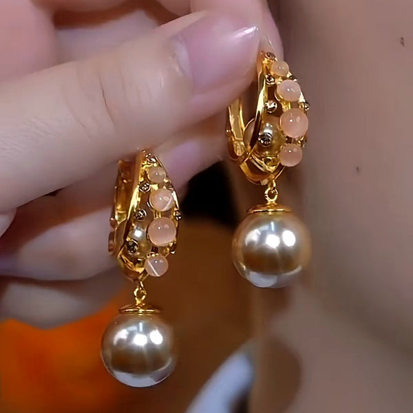 14K Gold-Plated Luxury Zircon Cat's Eye Stone Pearl Earrings