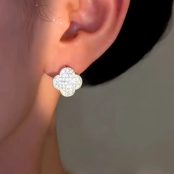 14K Gold-Plated Luxury Zircon Diamond Four-Leaf Flower Earrings