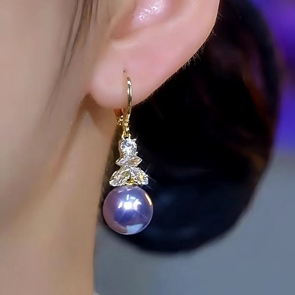 14K Gold-Plated Luxury Zircon Diamond Purple Pearl Earrings