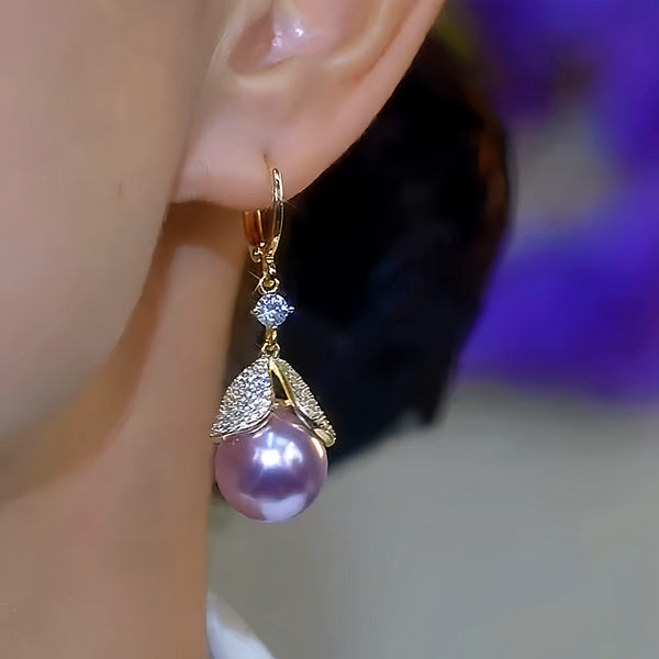 14K Gold-Plated Luxury Zircon Inlaid Pearl Leaf Earrings