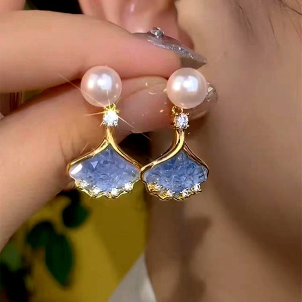 14K Gold-Plated Luxury Zircon Pearl Blue Crystal Leaf Earrings