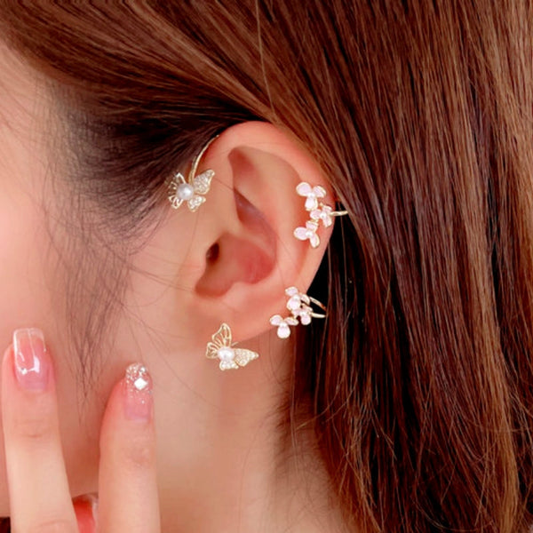 14K Gold-Plated Pink Flower And Butterflyl Ear Cuffs