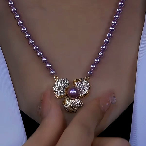 14K Gold-Plated Purple Pearl Flower Necklace