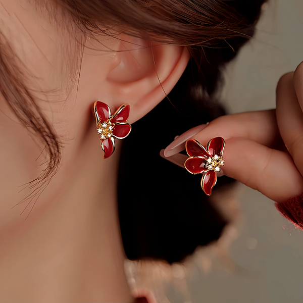 14K Gold-Plated Red Glaze Flower Earrings