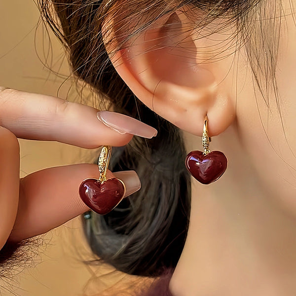 14K Gold-Plated Red Heart Ear Hook Earrings