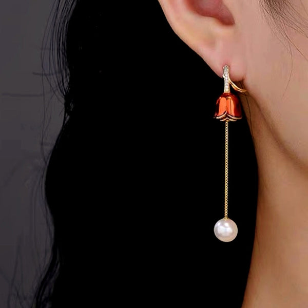 14K Gold-Plated Red Rose Pearl Tassel Earrings