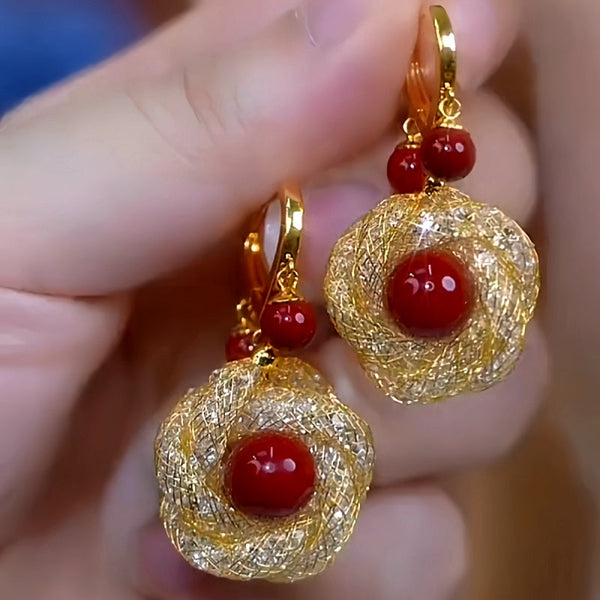 14K Gold-Plated Retro Red Pearl Mesh Earrings