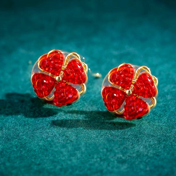 14K Gold-Plated Rotating Red Flower Earrings