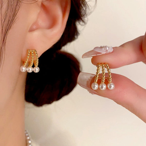 14K Gold-Plated Three-Row Hollow Pearl Earrings