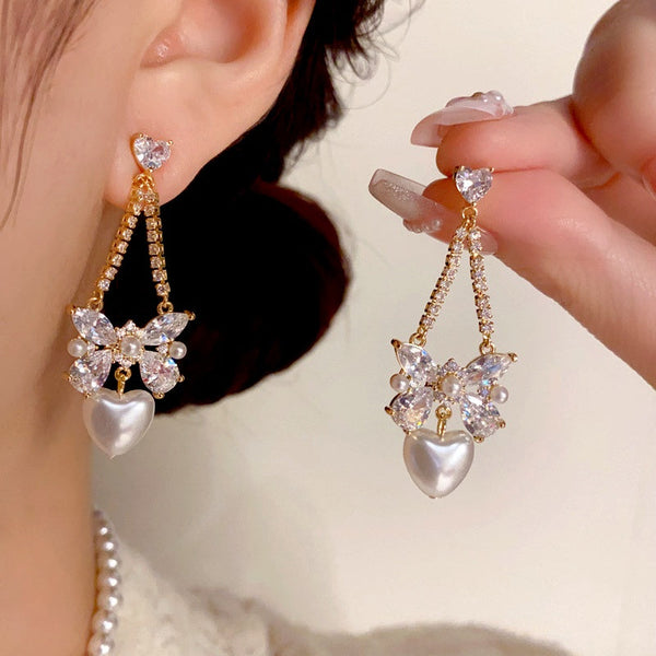 14K Gold-Plated Zircon Bow Heart Pearl Earrings