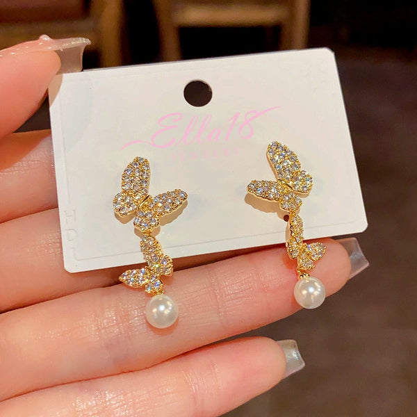 14K Gold-Plated Zircon Butterfly Pearl Tassel Earrings