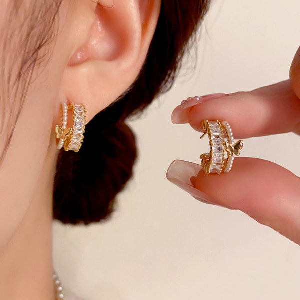 14K Gold-Plated Zircon Double-Layer Butterfly C-Shaped Earrings