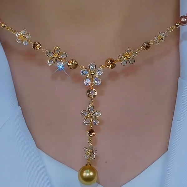 14K Gold-Plated Zircon Flower Pearl Necklace