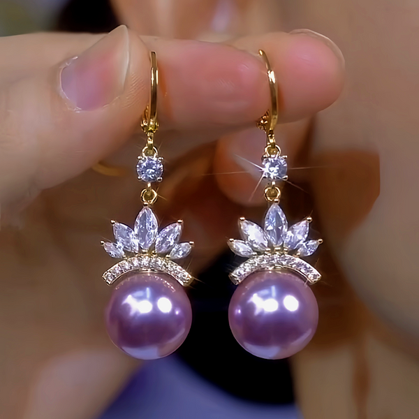 14K Gold-Plated Zircon Flower Purple Pearl Earrings