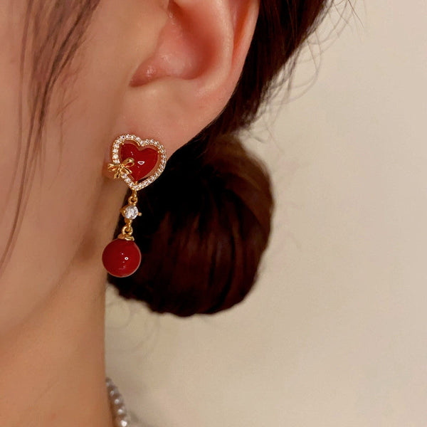 14K Gold-Plated Zircon Heart-Shaped Pearl Earrings