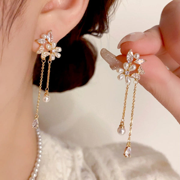 14K Gold-Plated Zircon Pearl Flower Earrings